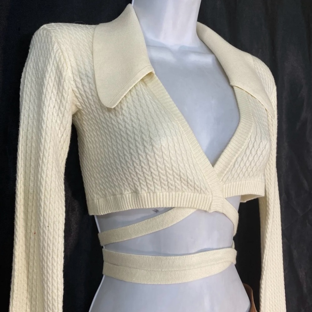 Daniel Bernstein Ivory Cable Knit Collared Croppe… - image 2